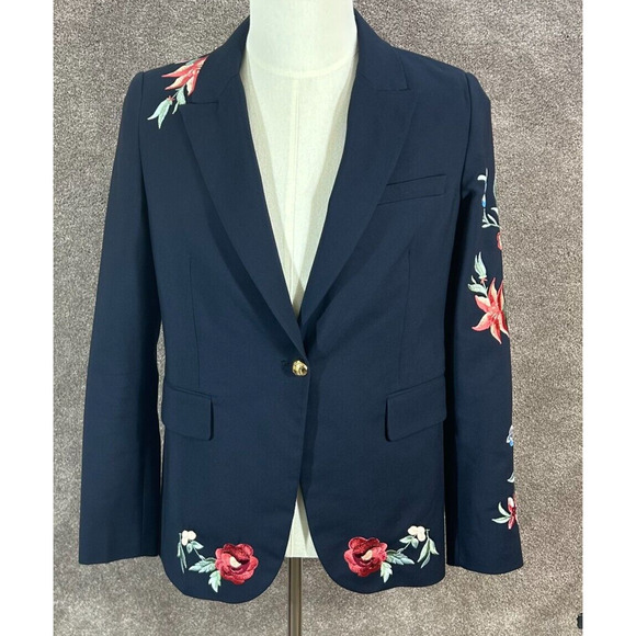 Zara Woman Blazer Womens Medium Blue Embroidered Floral Single Button Jacket - Picture 1 of 9